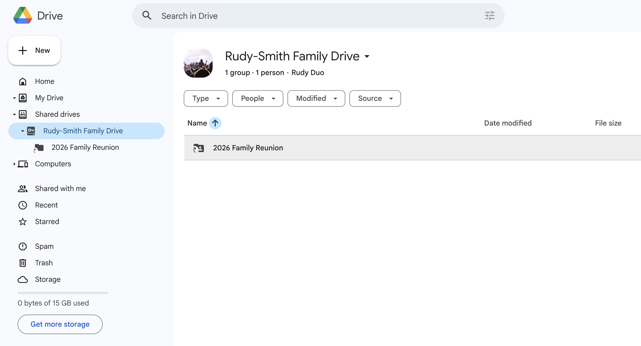 Google Drive showing the Rudy-Smith Family Drive shared drive with a 2026 Family Reunion folder inside.