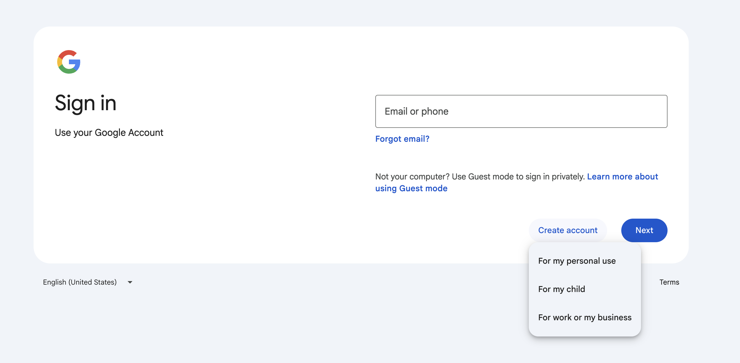 Google Sign in page with the Create account menu open, showing For my personal use, For my child, and For work or my business.