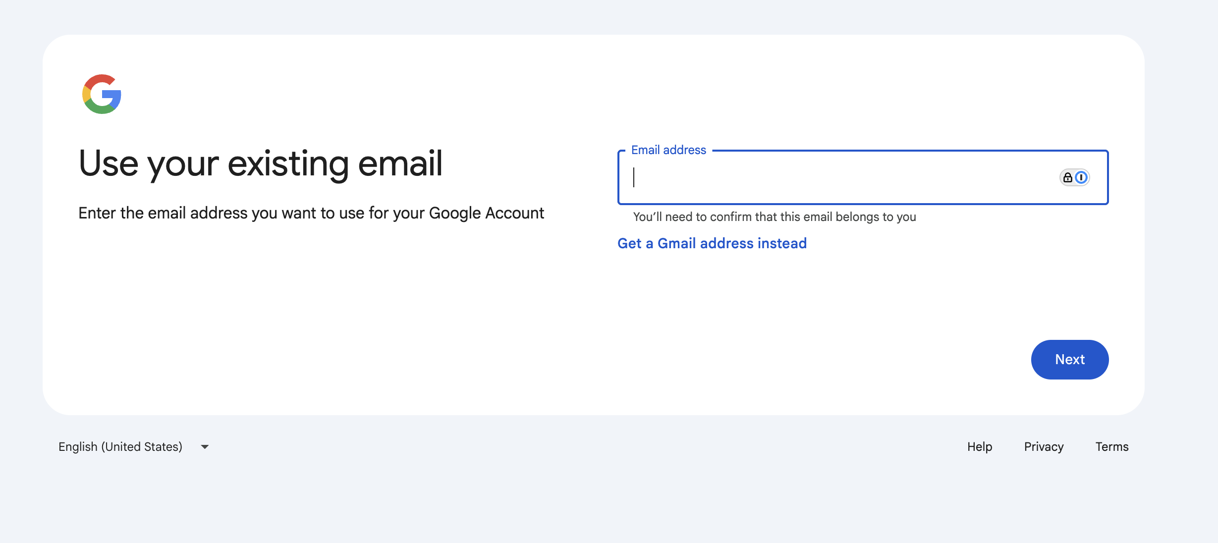 Google's Use your existing email screen with a single Email address input field.