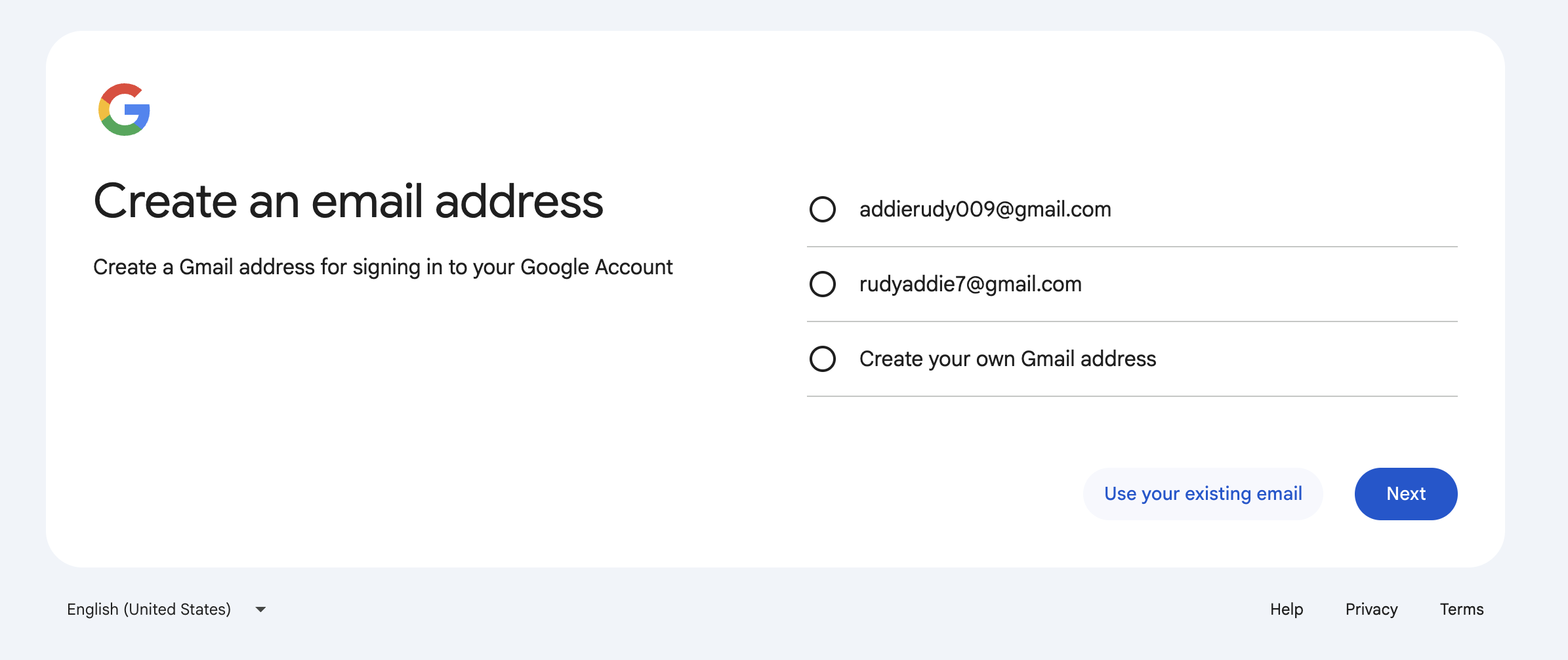 Google's Create an email address screen showing suggested Gmail addresses and a Use your existing email button at the bottom.